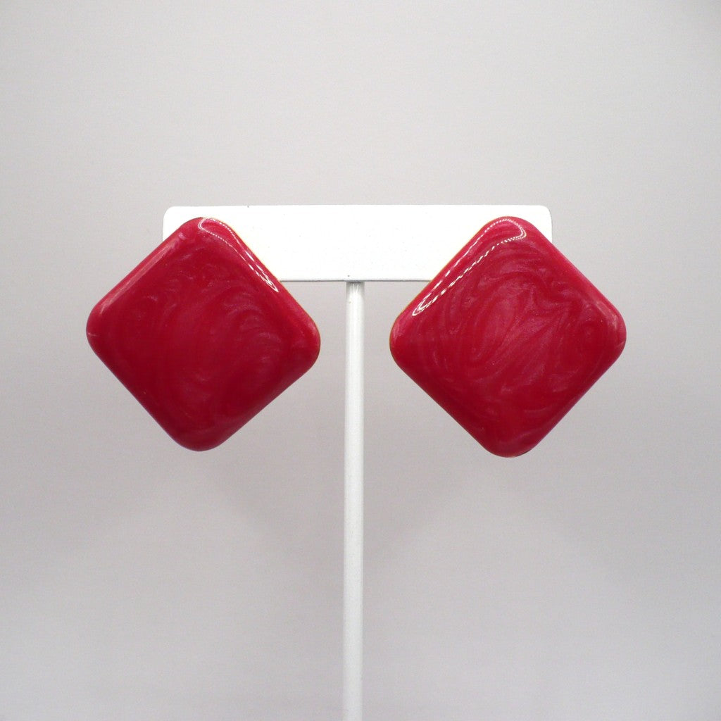 1980s Vintage Watermelon Pink Marbled Lucite Pierced Diamond Statement Earrings