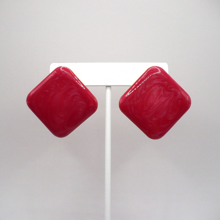 1980s Vintage Watermelon Pink Marbled Lucite Pierced Diamond Statement Earrings