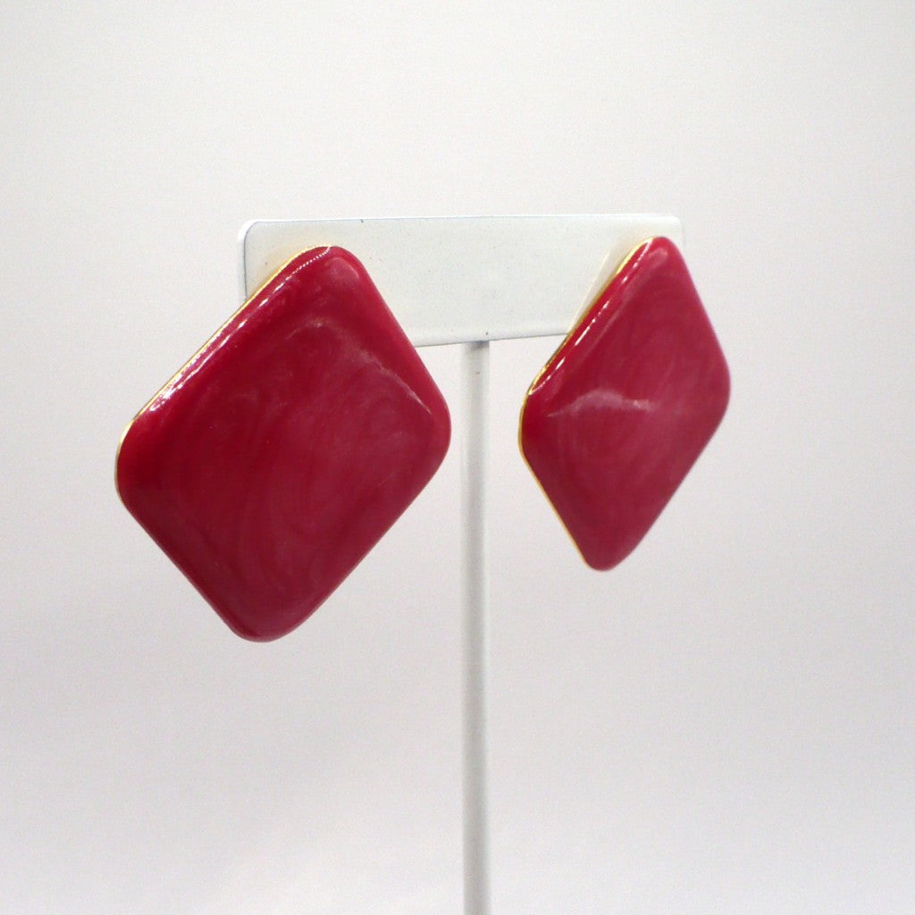 1980s Vintage Watermelon Pink Marbled Lucite Pierced Diamond Statement Earrings