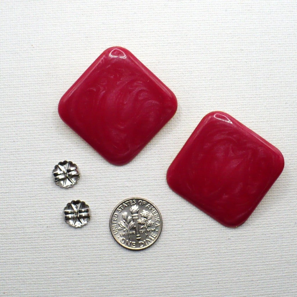 1980s Vintage Watermelon Pink Marbled Lucite Pierced Diamond Statement Earrings