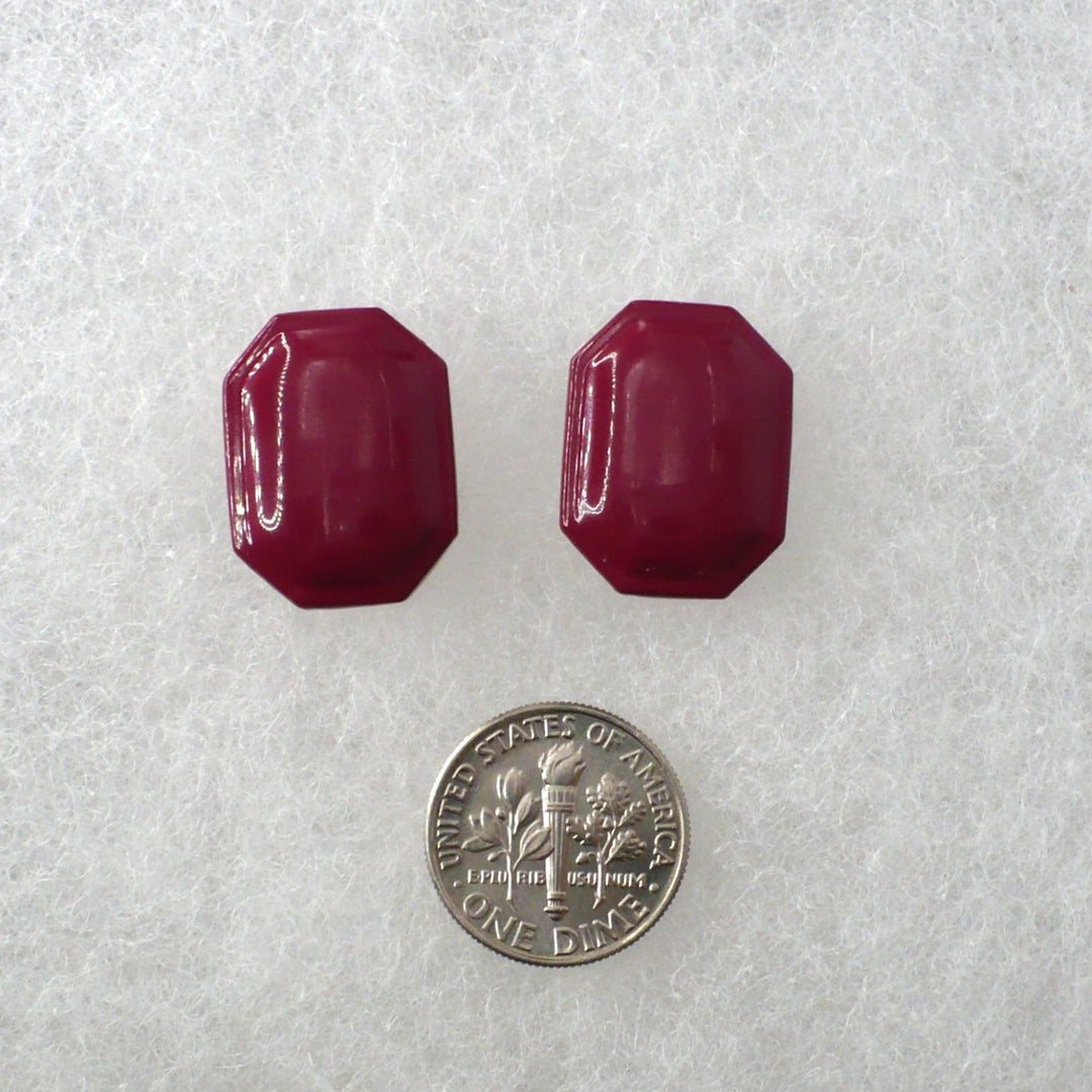 1980s vintage burgundy maroon emerald-cut enamel geometric button earrings  next to a dime for scale.