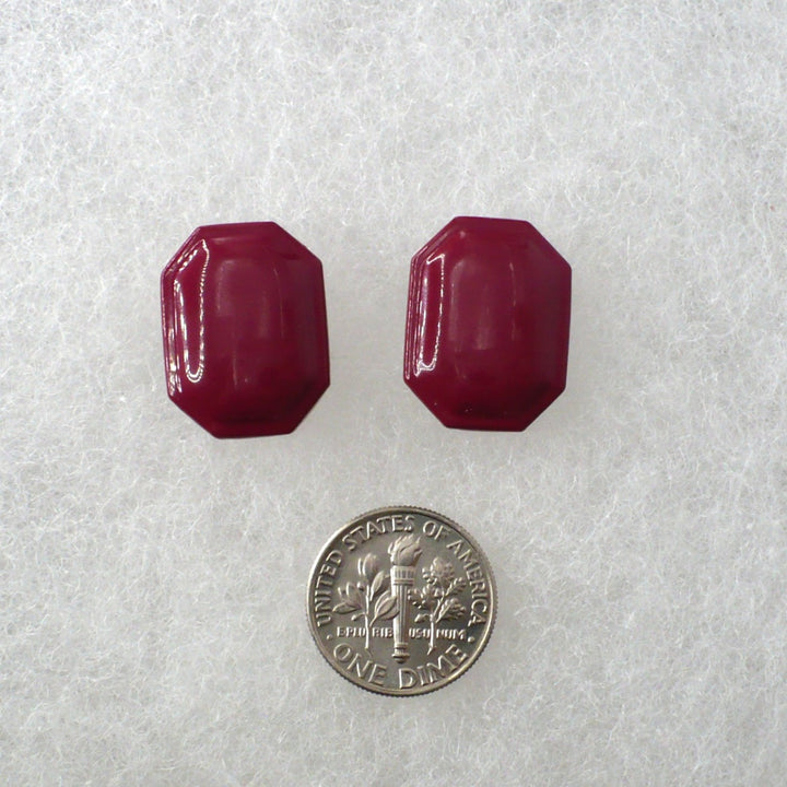 1980s vintage burgundy maroon emerald-cut enamel geometric button earrings  next to a dime for scale.