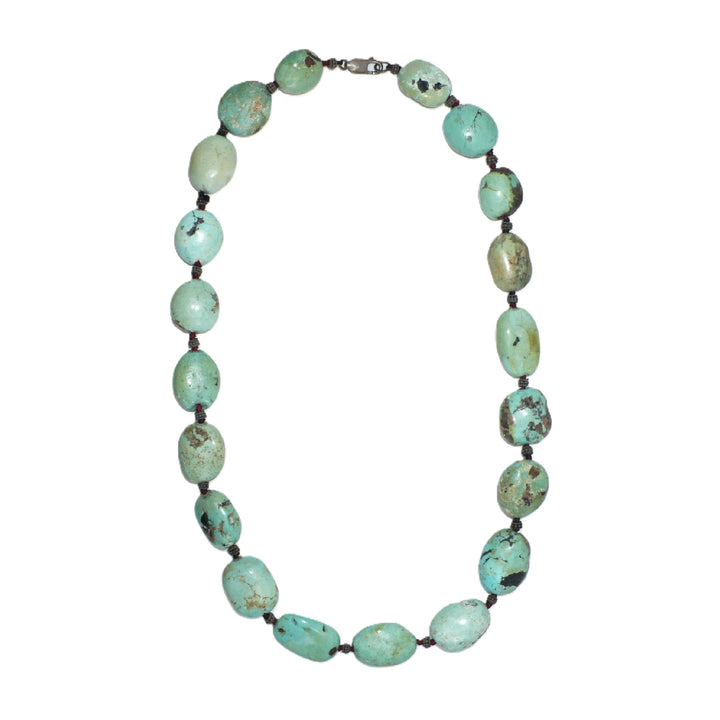 1970s Vintage Chunky Hubei Turquoise Nuggets Sterling Beaded Necklace on white background.