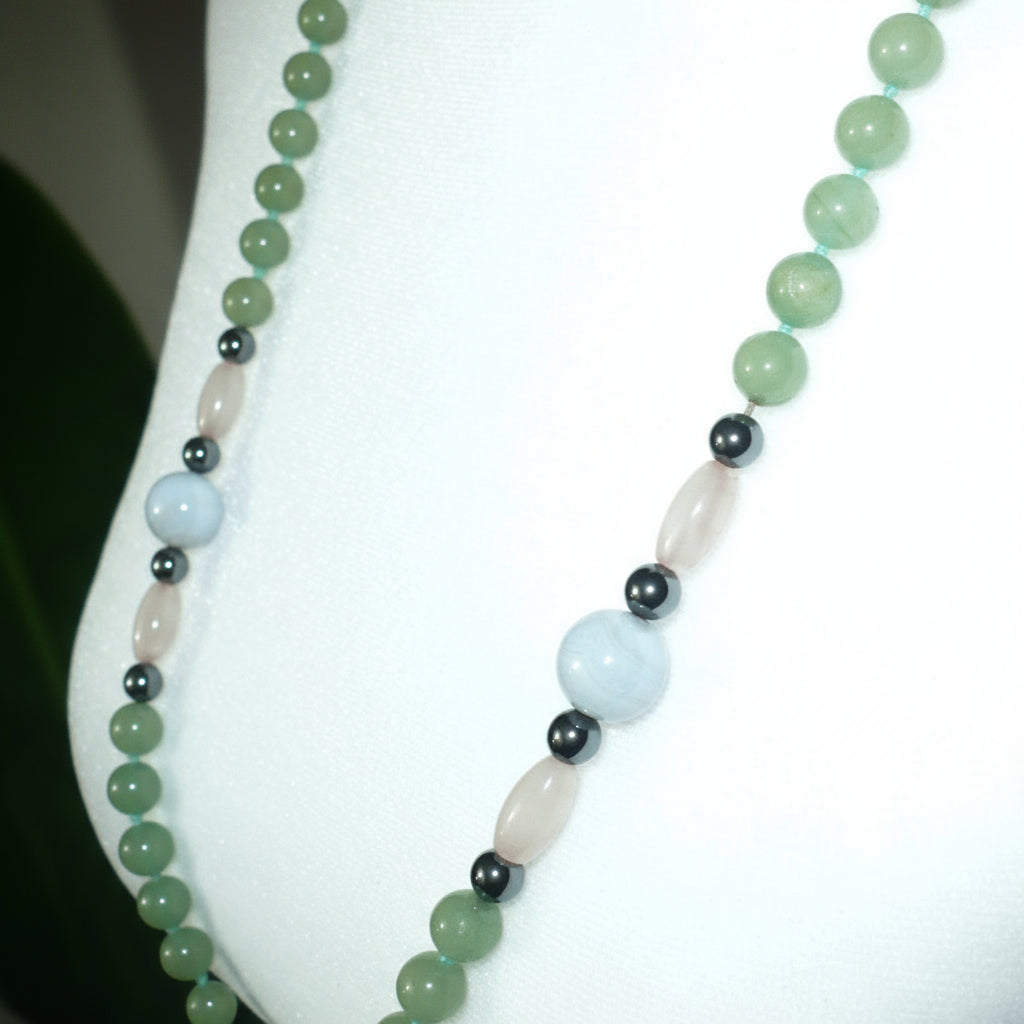 view of 1970s Vintage Aventurine Multi-Gemstone Beaded Strand Necklace.