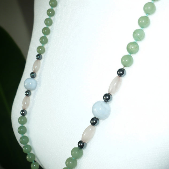 view of 1970s Vintage Aventurine Multi-Gemstone Beaded Strand Necklace.