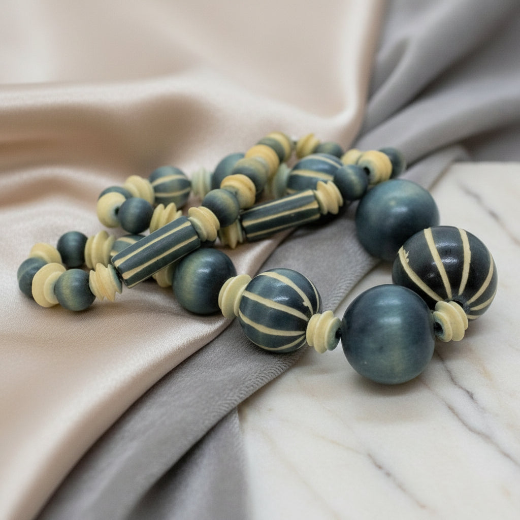 1970s vintage beaded necklace featuring blue-grey and cream striped wood beads and carved camel bone spacers resting on fabric.
