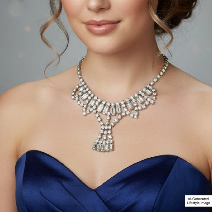 Signed vintage Lisner 1950s rhinestone festoon necklace styled on ai-generated model.
