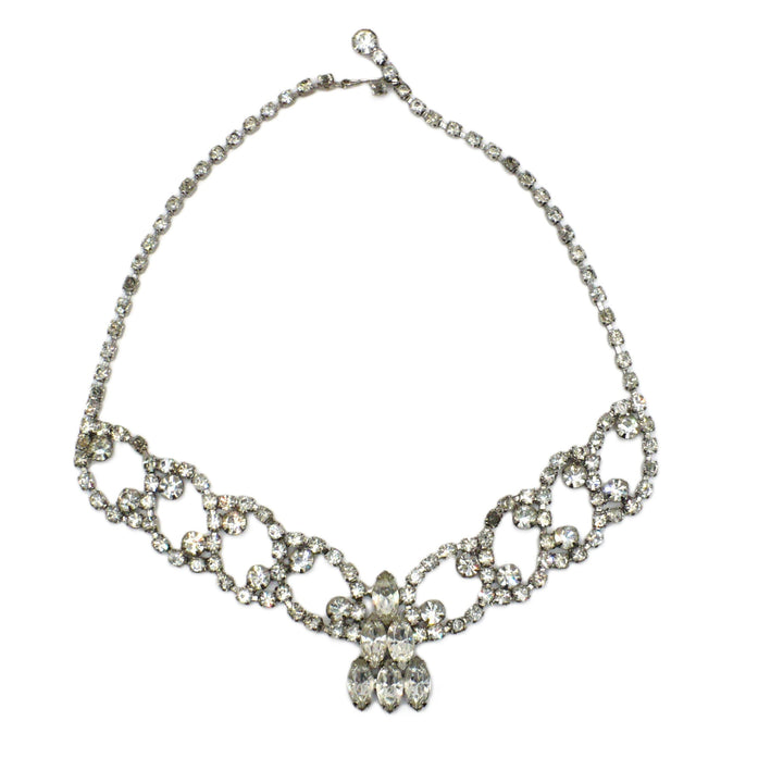 1950s Vintage Rhodium Plated Hollywood Regency Rhinestone Bib Necklace