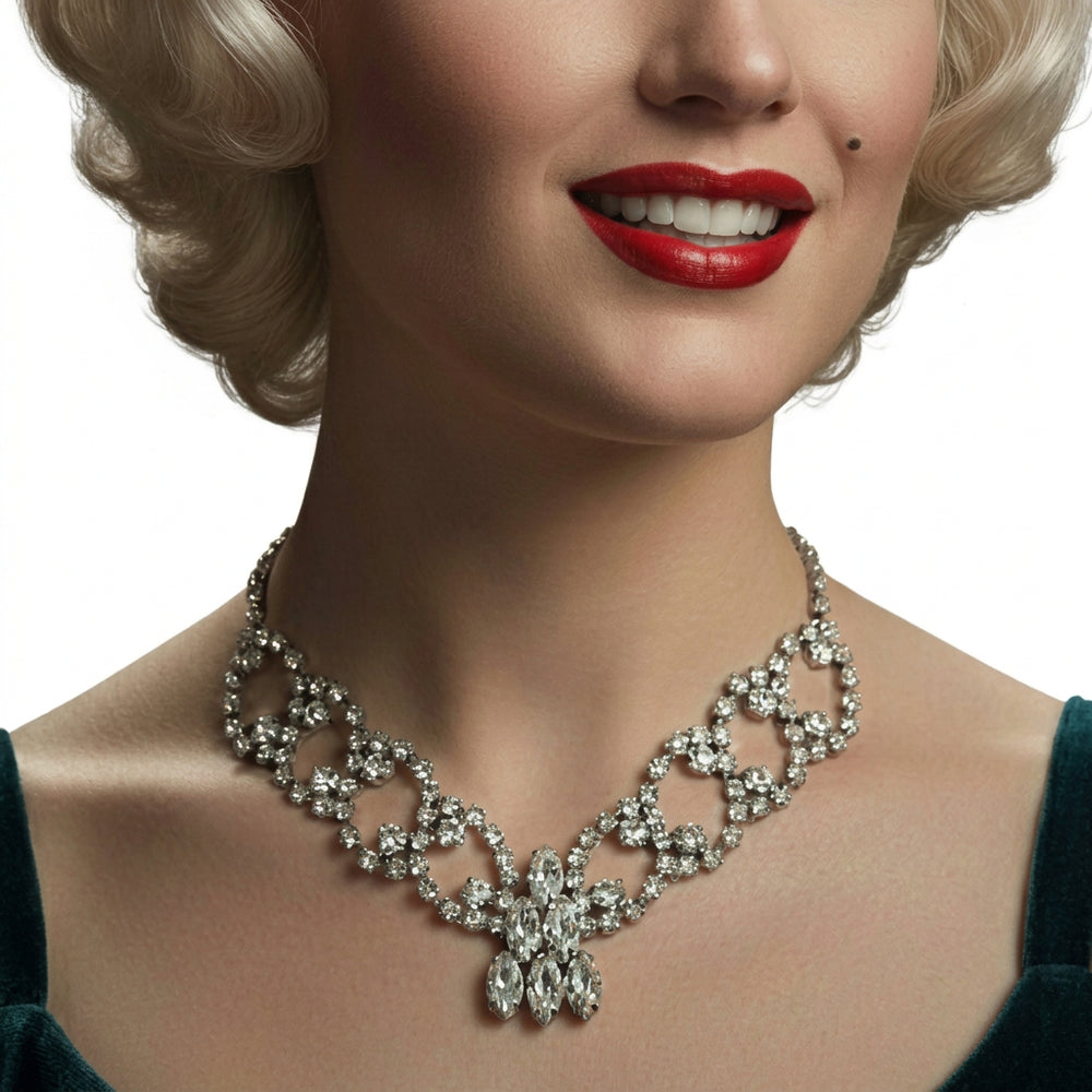 1950s Vintage Rhinestone Burlesque Bib Necklace on ai-generated lifestyle model.