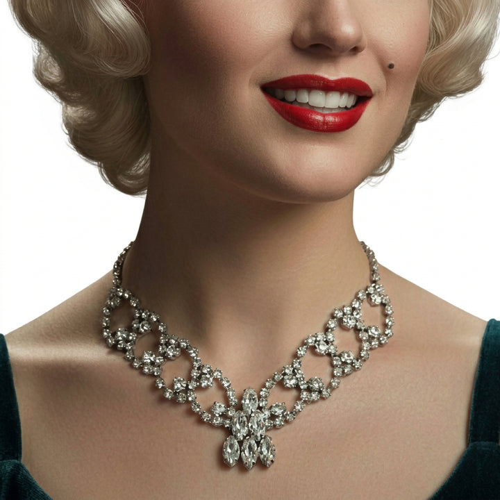 1950s Vintage Rhinestone Burlesque Bib Necklace on ai-generated lifestyle model.
