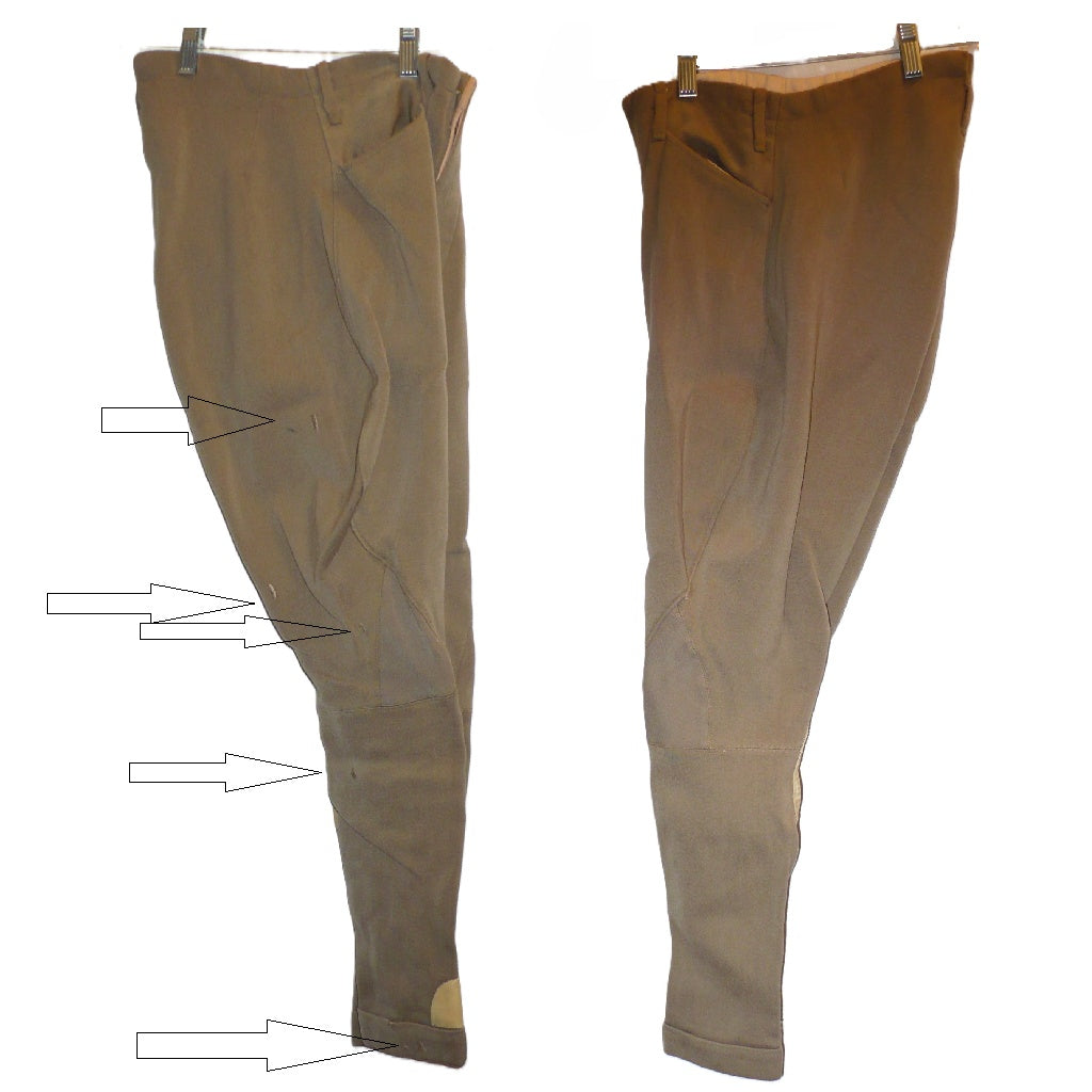 A close-up of  pair of children's vintage equestrian breeches right and left sides.