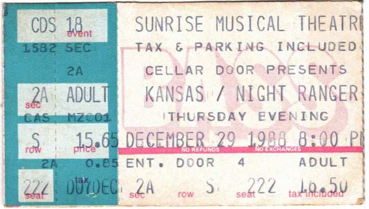 Kansas & Night Ranger 1988 Ticket Stub, front.