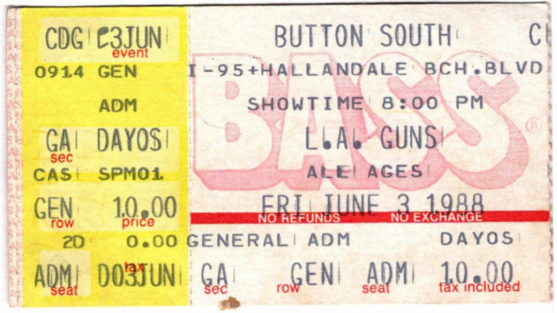 L.A. Guns Tour 1988 Ticket Stub, back.