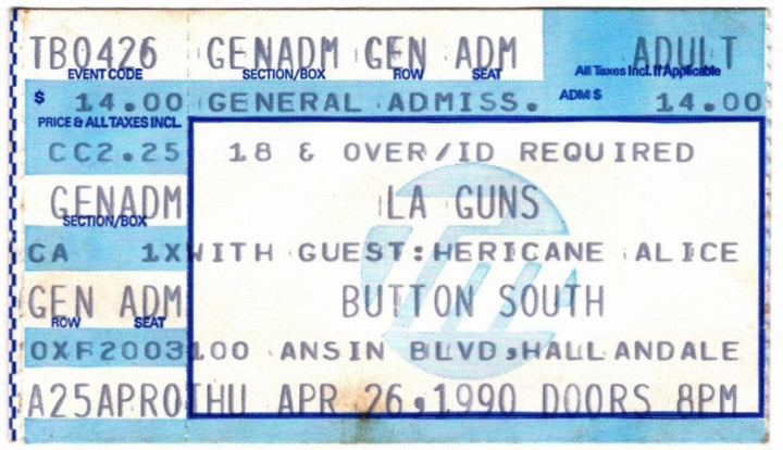 L.A. Guns Cocked & Loaded 1990 Ticket Stub, back.