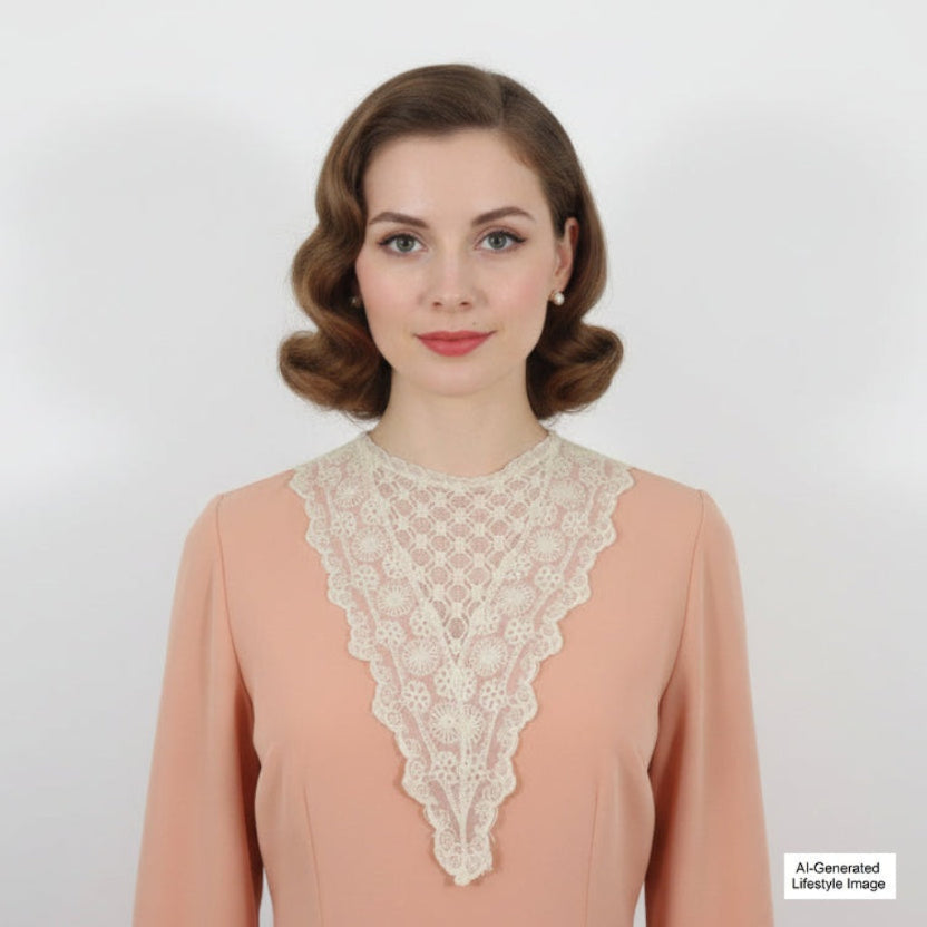 Woman wearing a peach blouse with Lace Chemisette Collar, Modesty Panel - Ai generated lifestyle image.