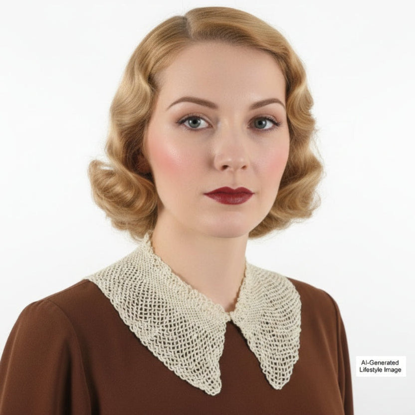 Woman wearing 1930s Almond White Rayon Crocheted Lace Collar - Ai generated lifestyle image.