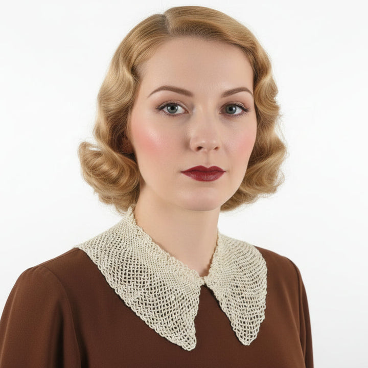 Woman wearing a brown top with a 1930s Vintage Ecru Crochet Lace Collar; Great Depression Era.