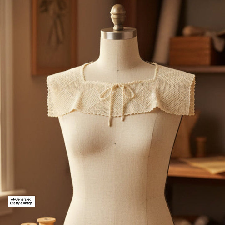 Ai generated image of lace collar on dress form.