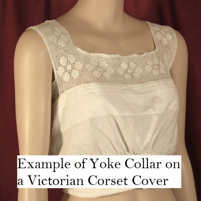 Mannequin wearing a Victorian corset cover with yoke collar against a red curtain background