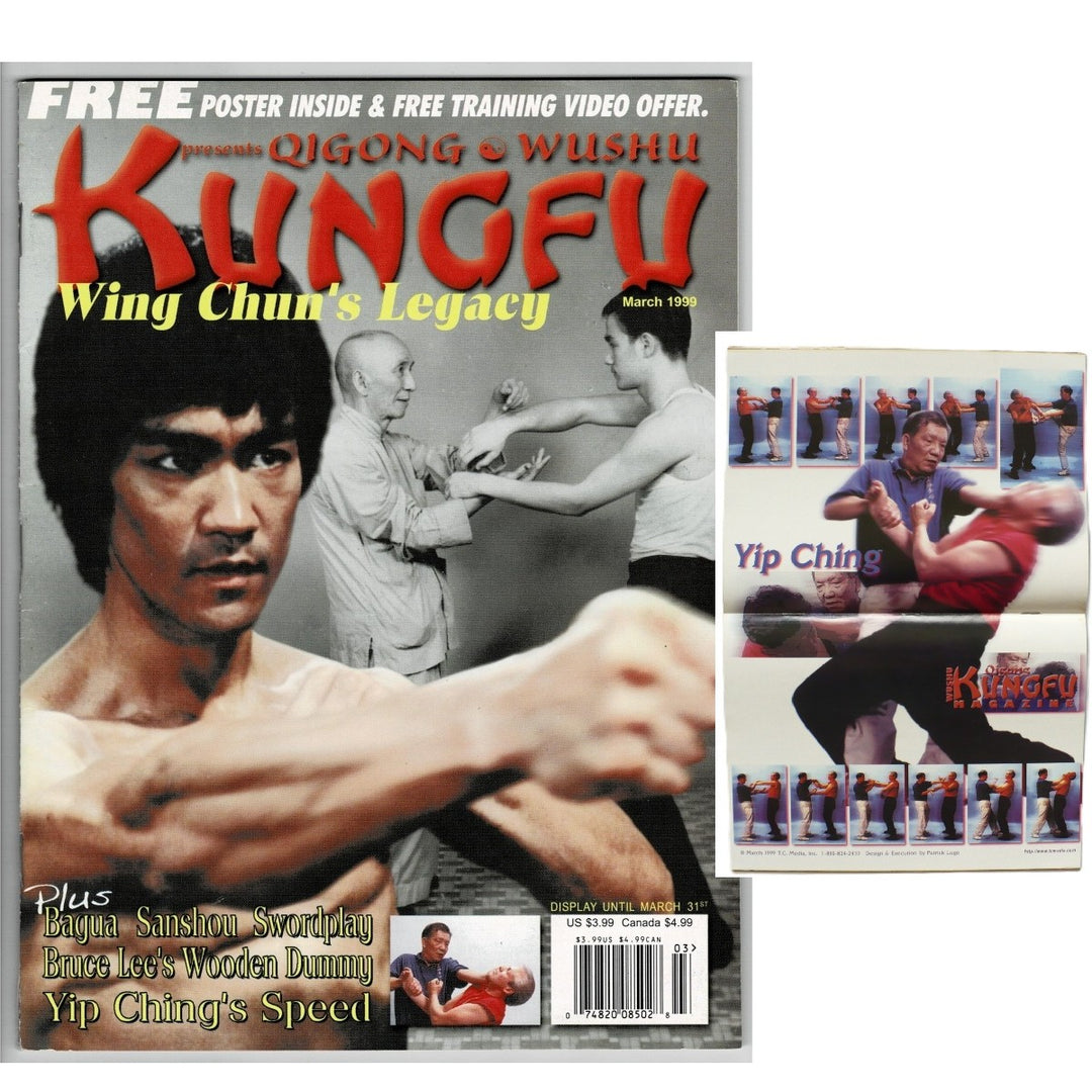 A martial arts magazine/book cover titled 'Kungfu Wing Chun's Legacy' shown alongside a small booklet or card with inset action photos and the text 'Yip Ching'. The main item appears to be the magazine/book, with a promotional offer banner at the top reading 'FREE POSTER INSIDE & FREE TRAINING VIDEO OFFER.