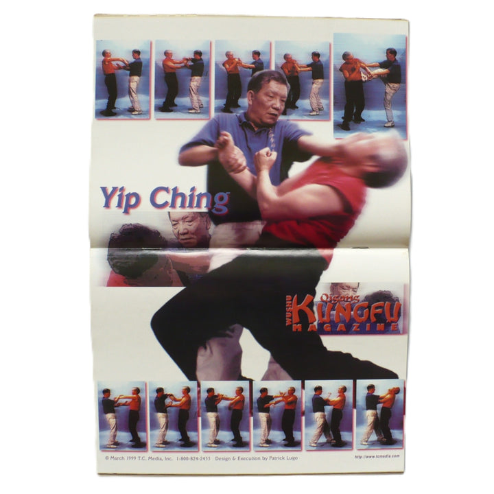 A vintage martial arts magazine centerfold poster titled 'Yip Ching' and 'The Kungfu Magazine' featuring action photos of a man demonstrating kung fu techniques, photographed flat against a white background.