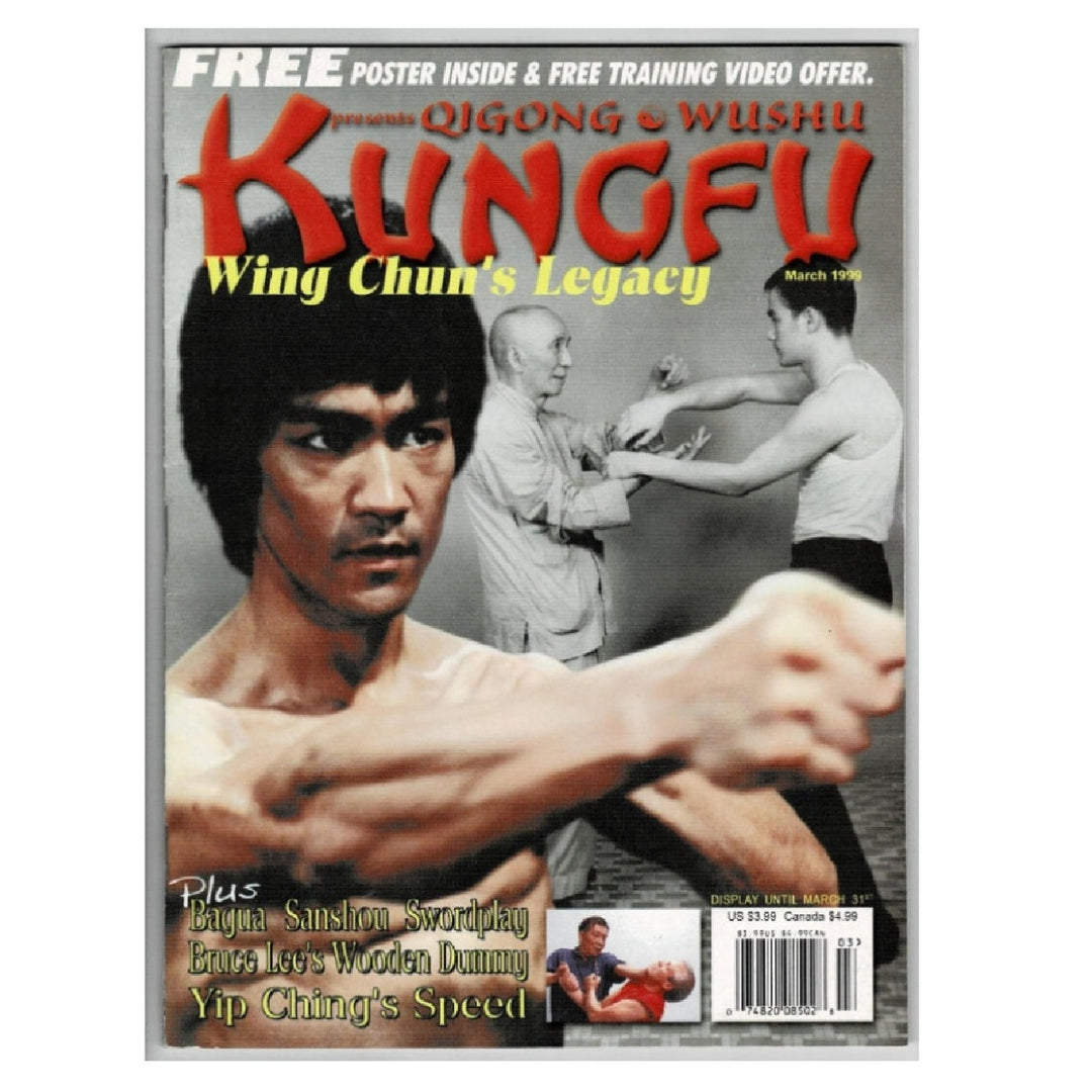 March 1999 issue of Kungfu magazine featuring a cover with martial arts imagery, including Bruce Lee, and promotional text for a free poster and training video offer.
