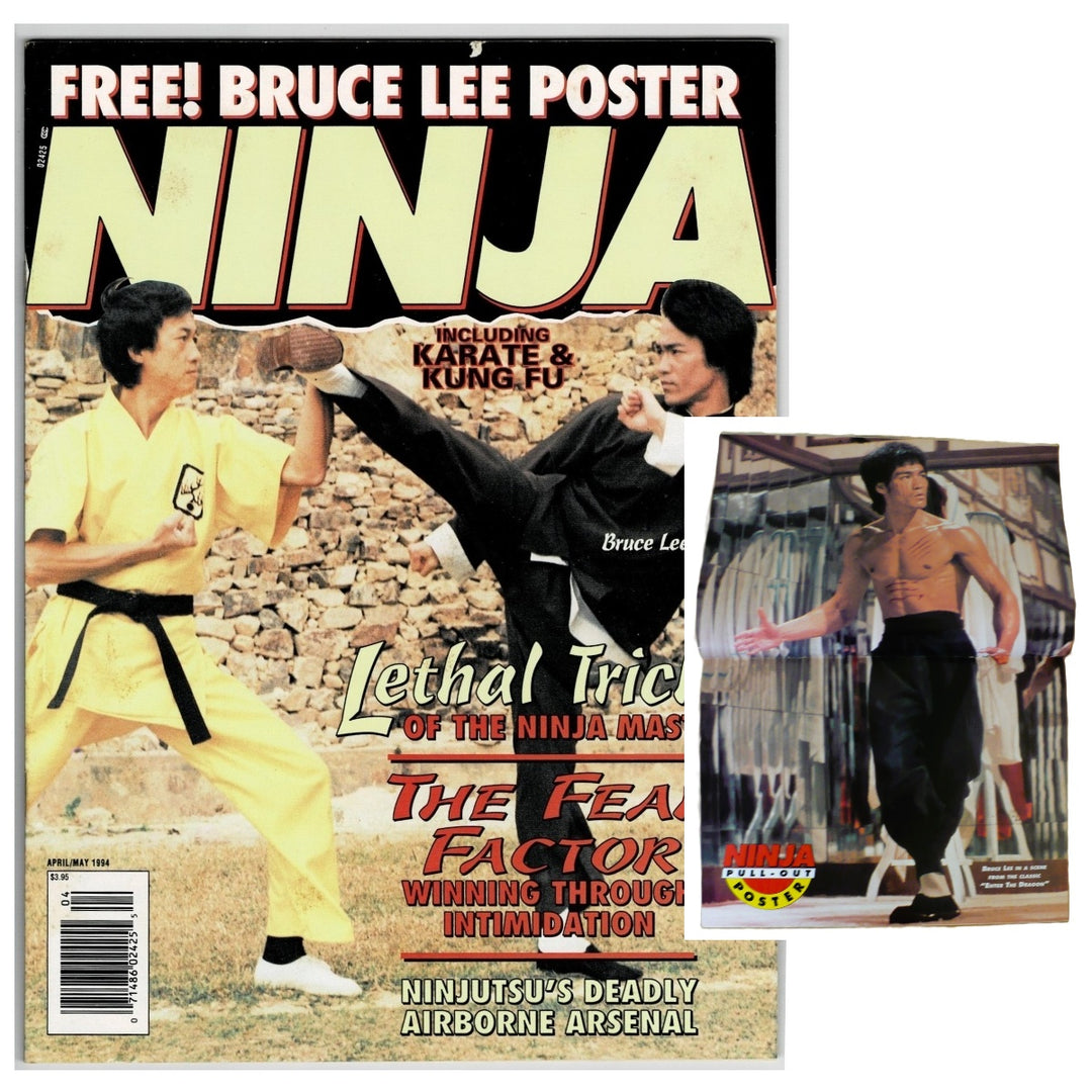 A vintage magazine Ninja Bruce Lee magazine, NINJA Martial Arts magazine, April/May 1994 issue with inset image of the centerfold poster with white background.