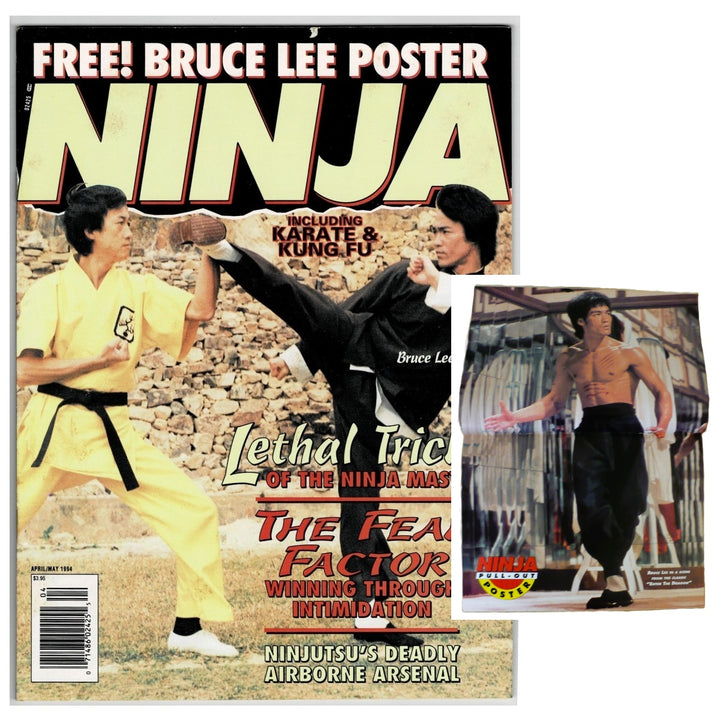 A vintage magazine Ninja Bruce Lee magazine, NINJA Martial Arts magazine, April/May 1994 issue with inset image of the centerfold poster with white background.