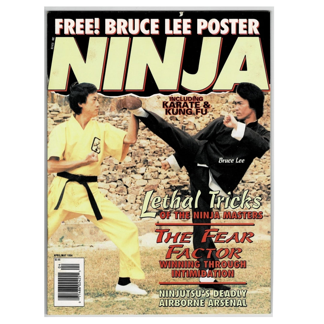 A vintage magazine Ninja Bruce Lee magazine, NINJA Martial Arts magazine, April/May 1994 issue white background.