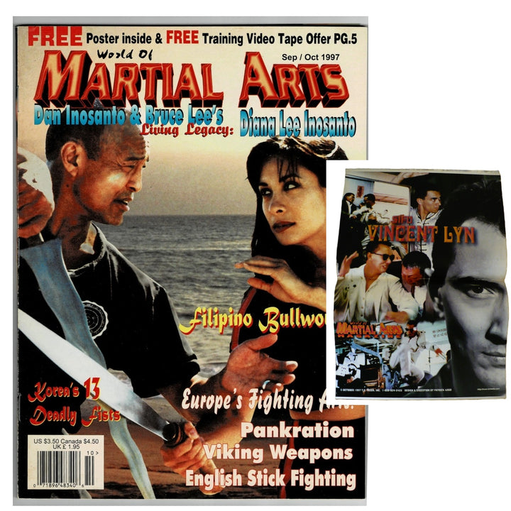 World of Martial Arts Dan Inosanto Diana Lee Sep 1997 magazine and additional image montage poster featuring Sifu Vincent Lyn on white background.