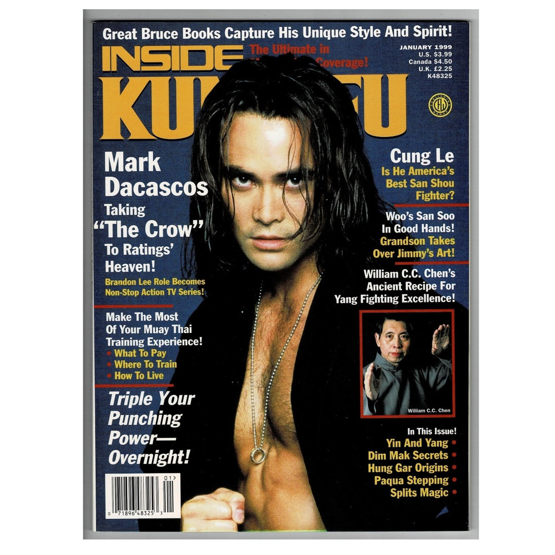 A vintage magazine Inside Kung Fu, featuring a large portrait of Mark Dacascos on the front. The cover has a dark blue background with bold yellow and white text, plus smaller inset photos and article teasers. White background.