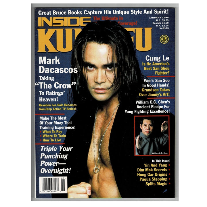 A vintage magazine Inside Kung Fu, featuring a large portrait of Mark Dacascos on the front. The cover has a dark blue background with bold yellow and white text, plus smaller inset photos and article teasers. White background.