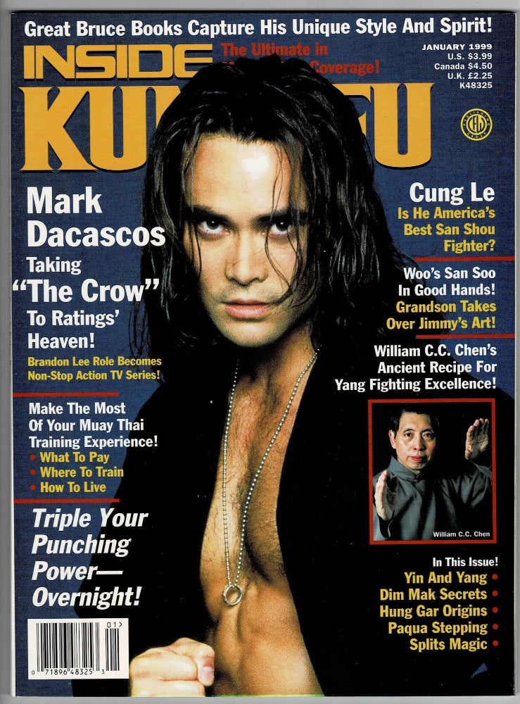 A vintage magazine Inside Kung Fu, featuring a large portrait of Mark Dacascos on the front. The cover has a dark blue background with bold yellow and white text, plus smaller inset photos and article teasers. 