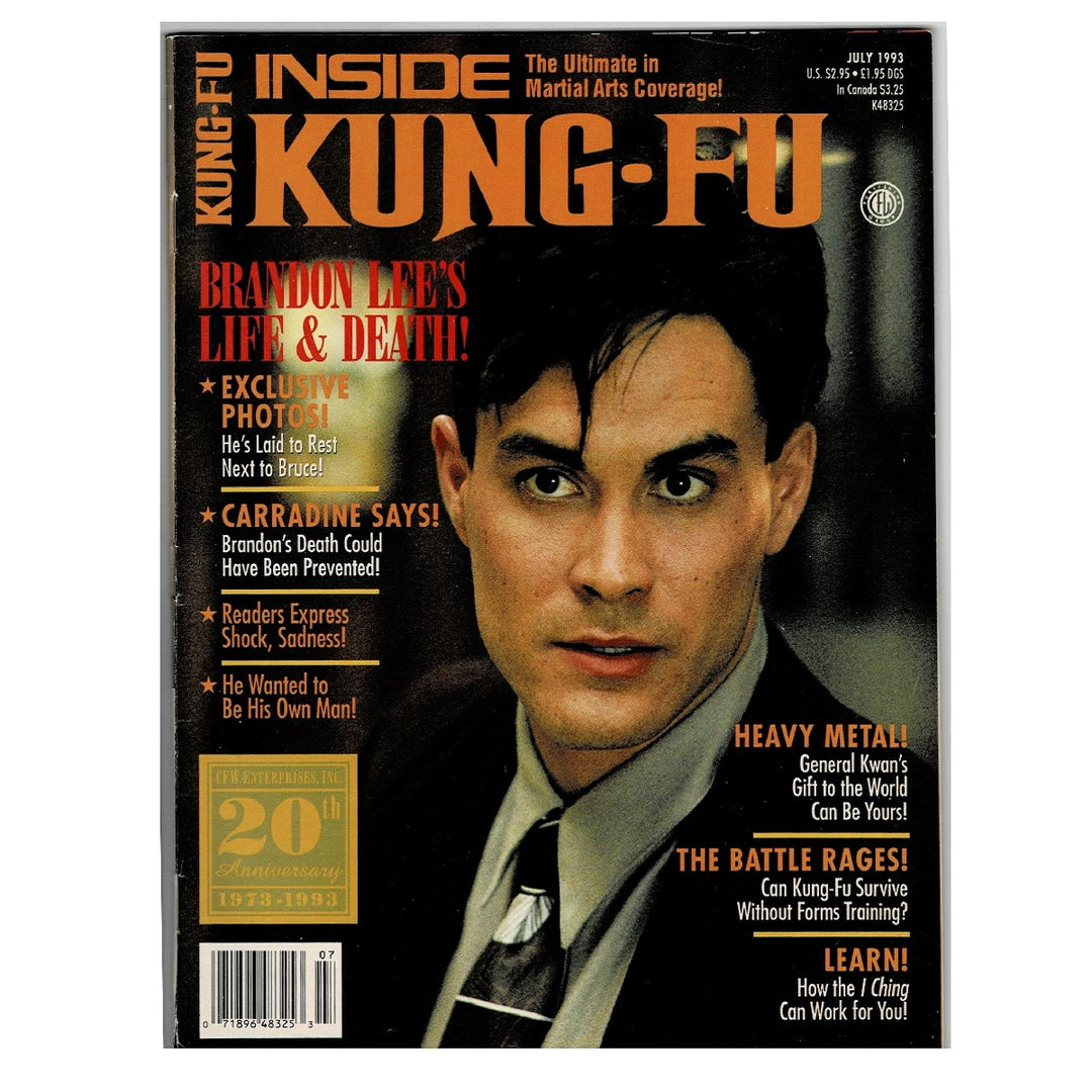 July 1993 issue of Kung-Fu magazine, featuring a large cover portrait of Brandon Lee. The cover has prominent orange and white text, a gold '20th Anniversary' badge on the left, and a barcode at the bottom.