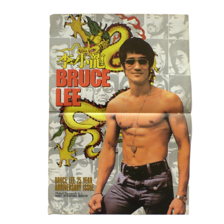 Vintage magazine centerfold poster showing a shirtless Bruce Lee wearing sunglasses next to a yellow dragon and bold red text. The background features a black-and-white photo collage of his face from martial arts movie stills.