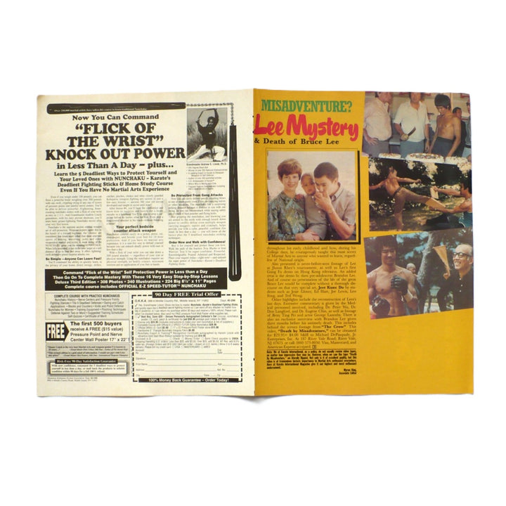 Reverse side of centerfold features the original 1996 print advertisements, including the famous "Flick of the Wrist" Knock Out Power home-study course ad and an editorial review for the documentary Misadventure? The Life and Death of Bruce Lee.