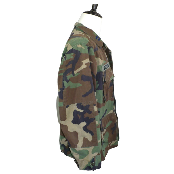 1980 Vintage USAF BDU Woodland Camo Jacket Med/Short  on dress form, side view.