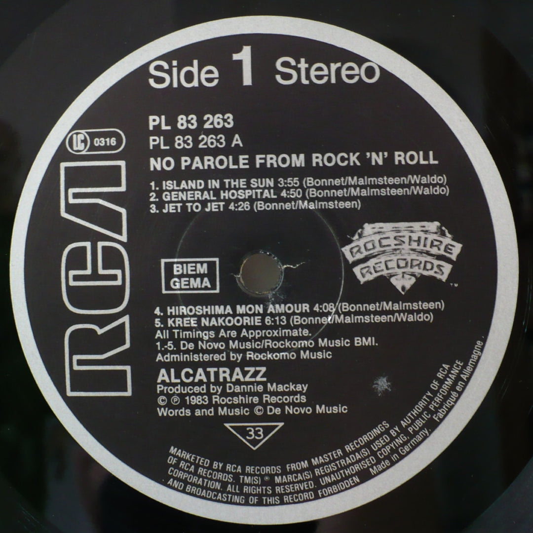Alcatrazz No Parole From Rock 'n' Roll 1983 Vintage Vinyl 12" Record.