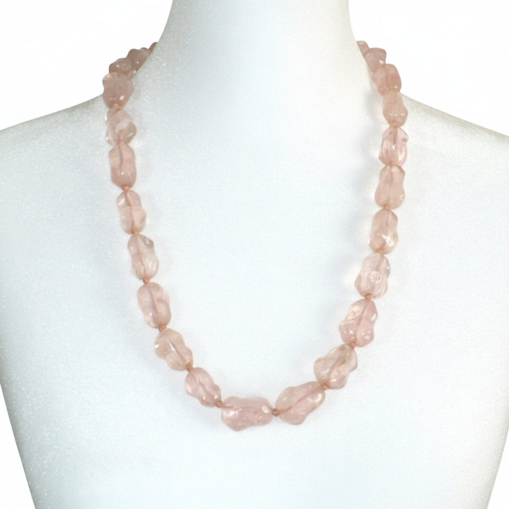 1980s Rose Quartz Nugget Bead Necklace 25", on dress form.