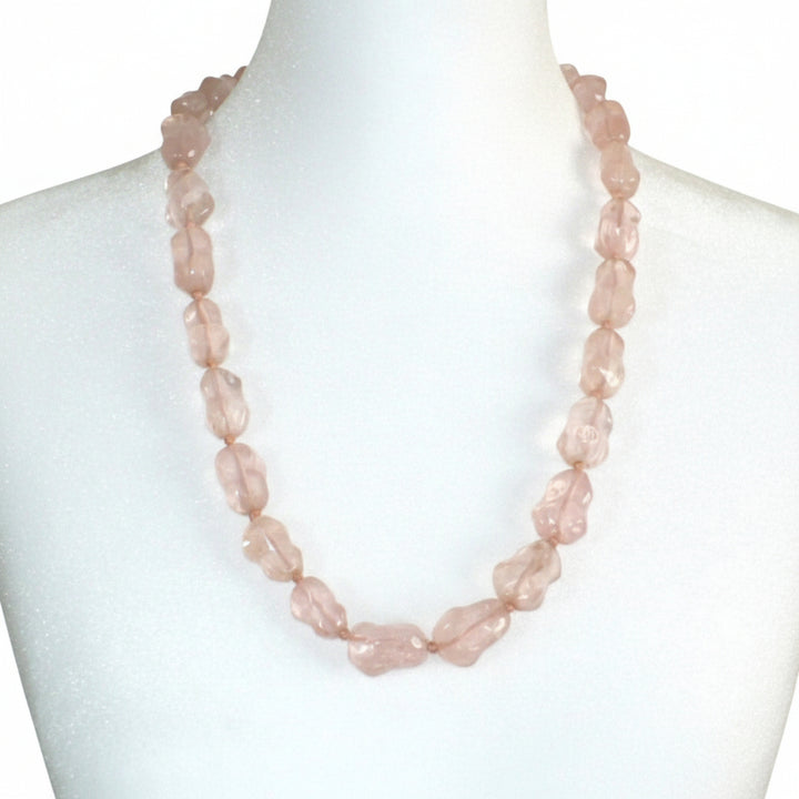 1980s Rose Quartz Nugget Bead Necklace 25", on dress form.