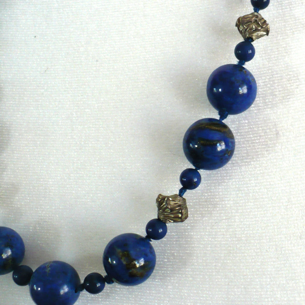 1970 Vintage Gemstone Lapis Lazuli Sterling Silver Beaded Necklace.