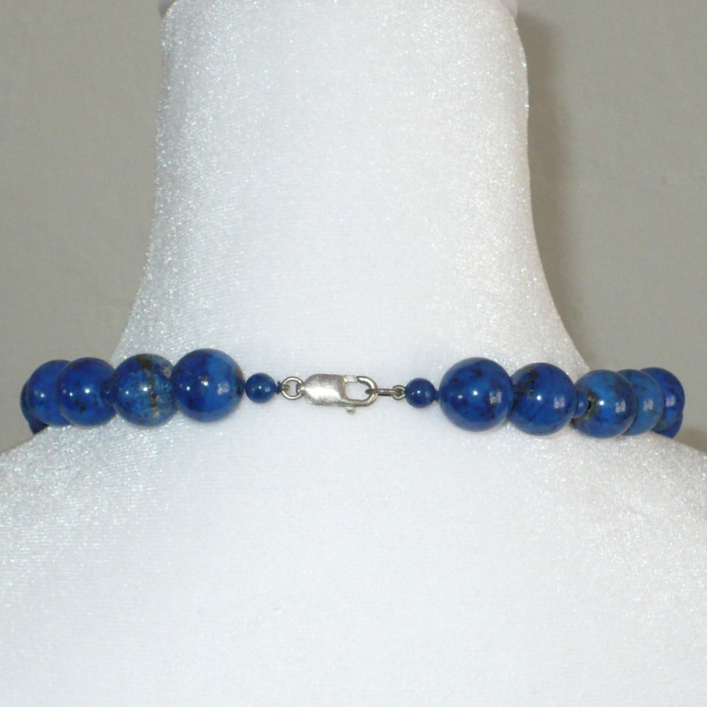 1970 Vintage Gemstone Lapis Lazuli Sterling Silver Beaded Necklace shows sterling silver lobster claw clasp.
