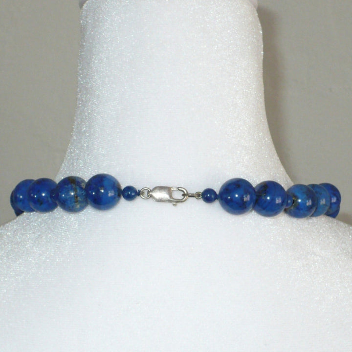 1970 Vintage Gemstone Lapis Lazuli Sterling Silver Beaded Necklace shows sterling silver lobster claw clasp.