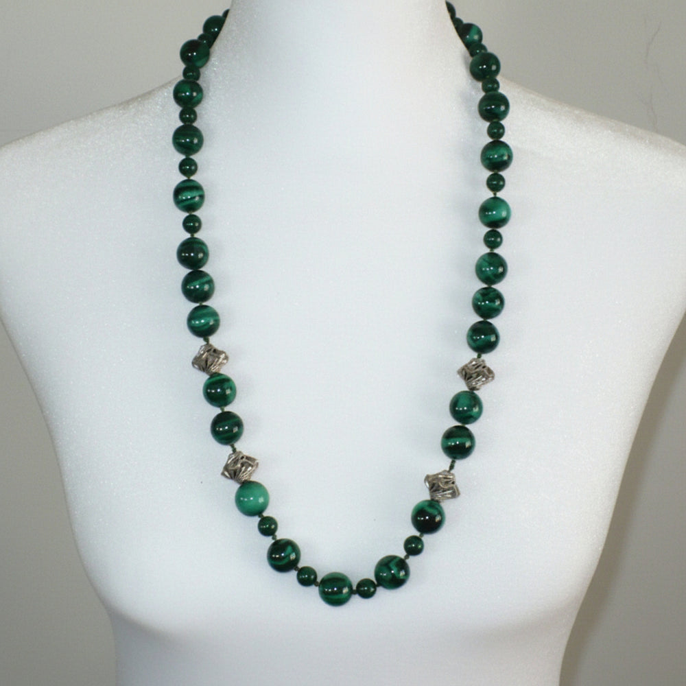 Vintage Green Malachite Beaded Gemstone Necklace with Silver Accents  shown on dress form.