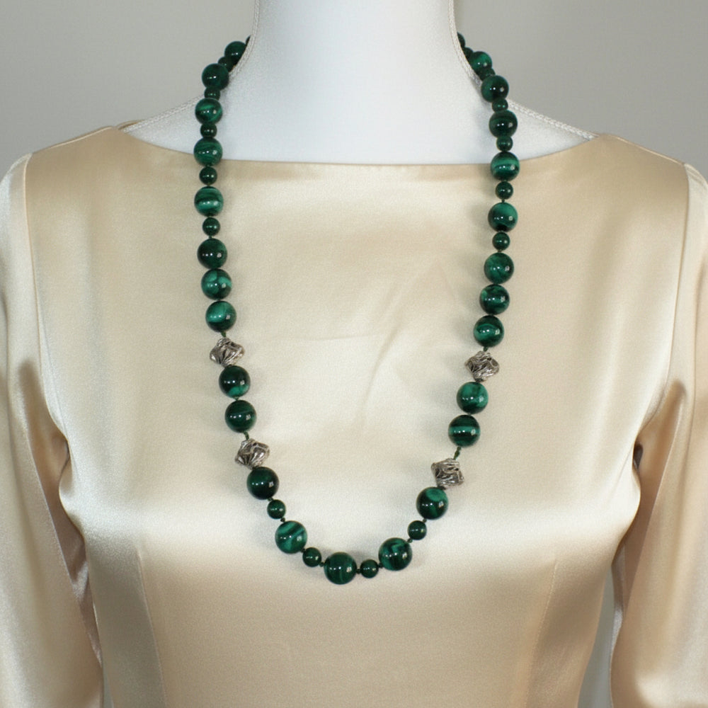 Vintage Green Malachite Beaded Gemstone Necklace with Silver Accents  shown on dress form with silk shirt.