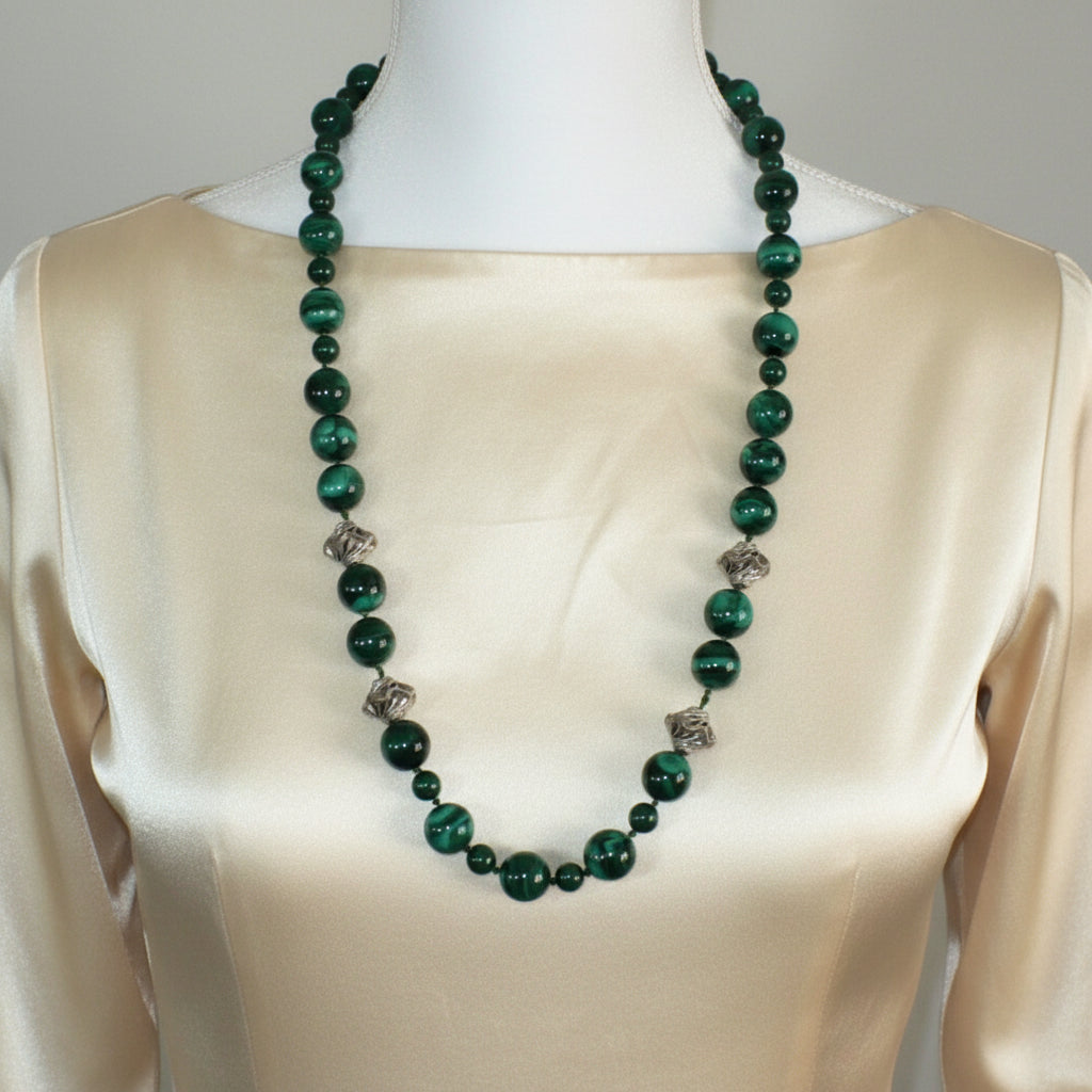 Vintage Green Malachite Beaded Gemstone Necklace with Silver Accents  shown on dress form with silk shirt.
