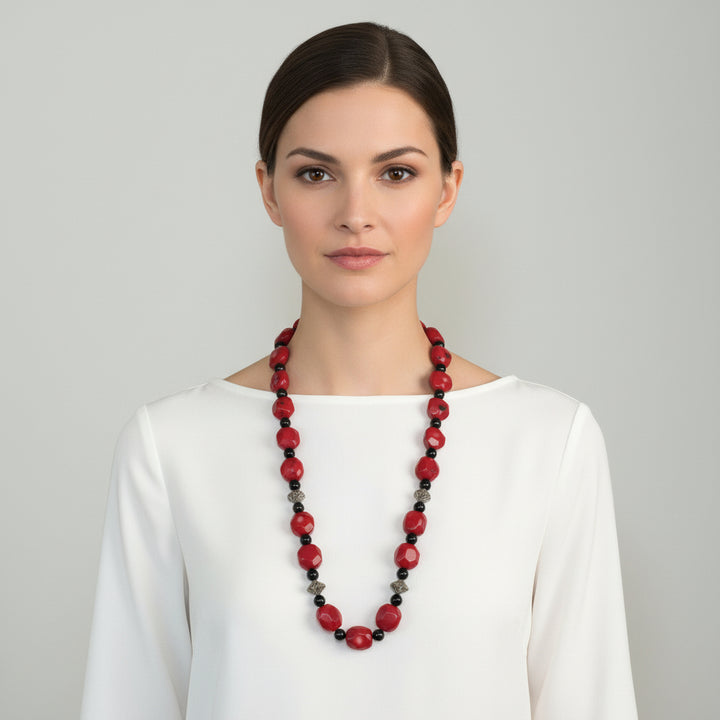 1970s Vintage Chunky Red Bamboo Coral Nugget, Black Onyx, Silver Bead, Necklace  on model,