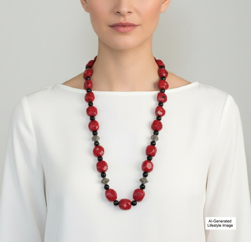 1970s Vintage Red Coral & Onyx Necklace