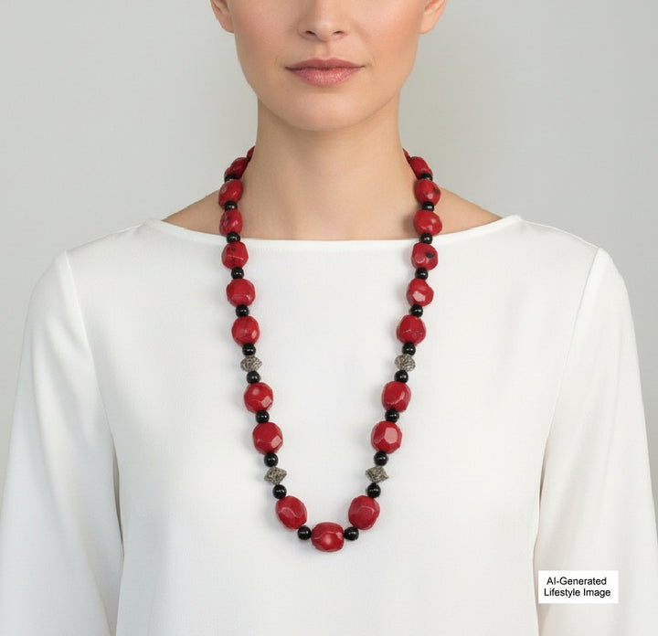 1970s Vintage Red Coral & Onyx Necklace