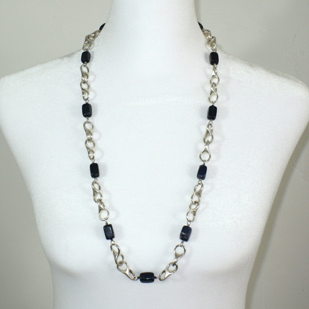 1970 Vintage Sterling Silver Artisan Link Sodalite Station Necklace on dress form.